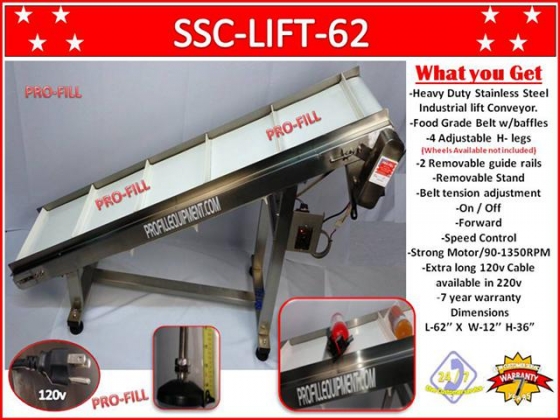 $1,466, Stainless Steel Industrial Lift Conveyor, Food Grade Belt, SSC-LIFT-62